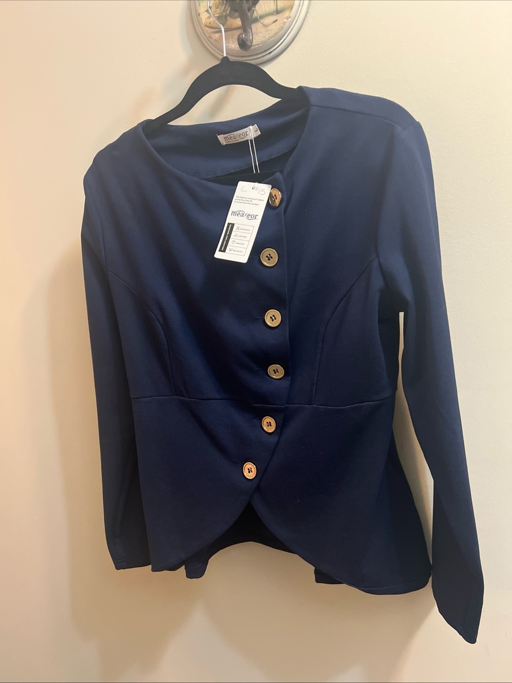 Meaneor Navy Gold Button-Front Women’s Peplum Jacket NWT Size Large